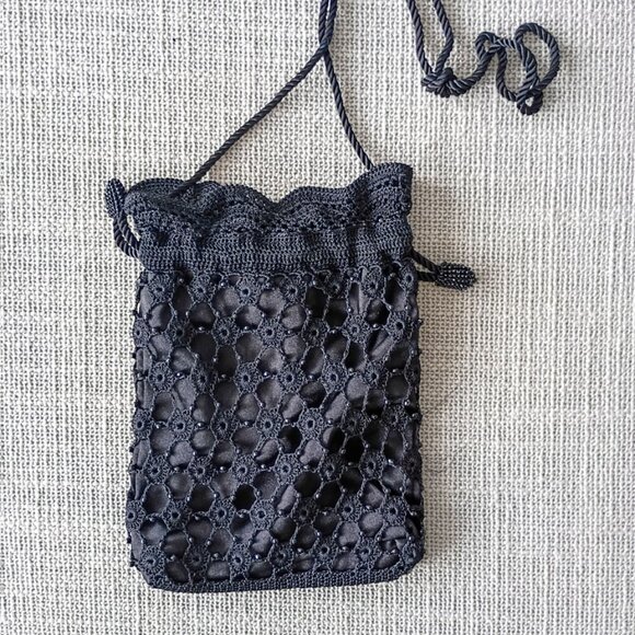 Knitted Lace Black Drawstring Pouch with beads Small Evening Purse Elegant | NEW - Picture 1 of 7